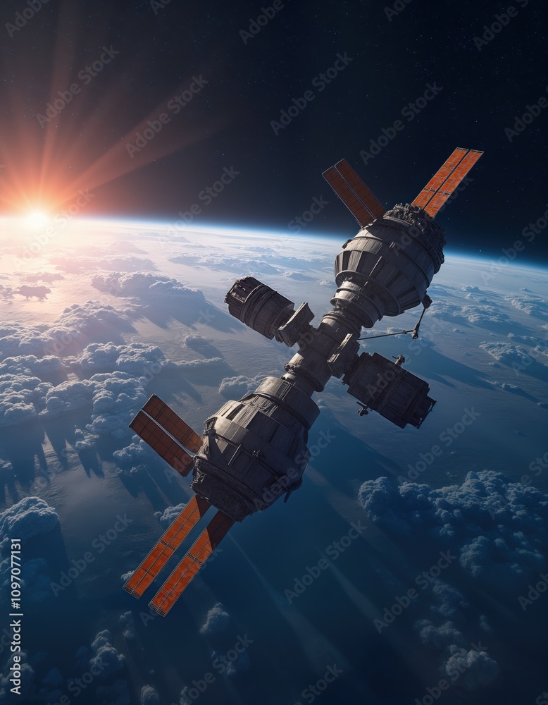 Poster space station orbits earth. sunrise paints clouds orange. satellite in orbit. spacecraft in cosmos. 