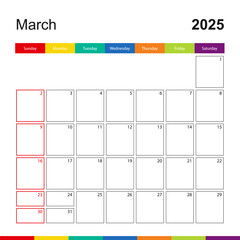 March 2025 colorful wall calendar, week starts on Sunday.