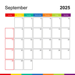 September 2025 colorful wall calendar, week starts on Sunday.