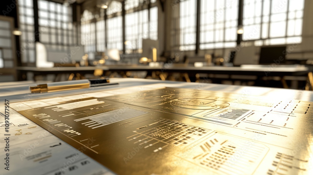 Poster a workspace featuring architectural plans and designs illuminated by natural light.