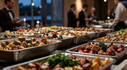 Elegant buffet setup with assorted dishes for formal event in upscale indoor venue