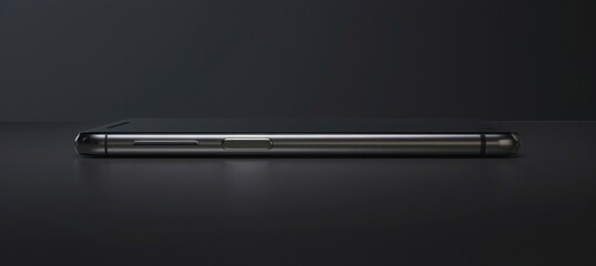 A black cell phone with a silver case sits on a dark surface. The phone is turned off and the screen is black