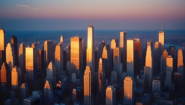 Una vista panor&aacute;mica del bullicioso horizonte de la ciudad al atardecer. El paisaje urbano est&aacute; lleno de altos rascacielos y edificios iluminados por el c&aacute;lido resplandor del sol poniente.