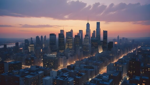 Una vista panor&aacute;mica del bullicioso horizonte de la ciudad al atardecer. El paisaje urbano est&aacute; lleno de altos rascacielos y edificios iluminados por el c&aacute;lido resplandor del sol poniente.