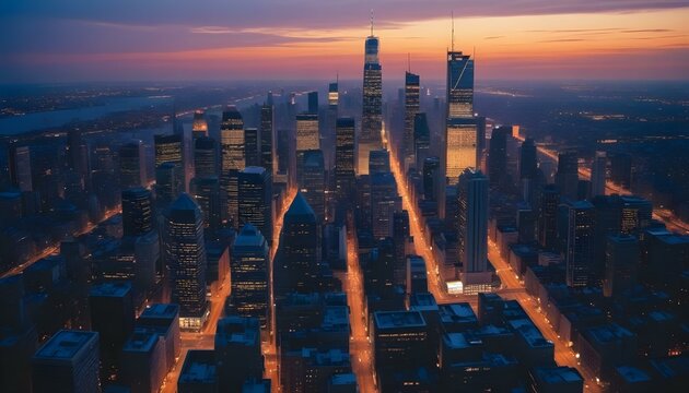 Una vista panor&aacute;mica del bullicioso horizonte de la ciudad al atardecer. El paisaje urbano est&aacute; lleno de altos rascacielos y edificios iluminados por el c&aacute;lido resplandor del sol poniente.
