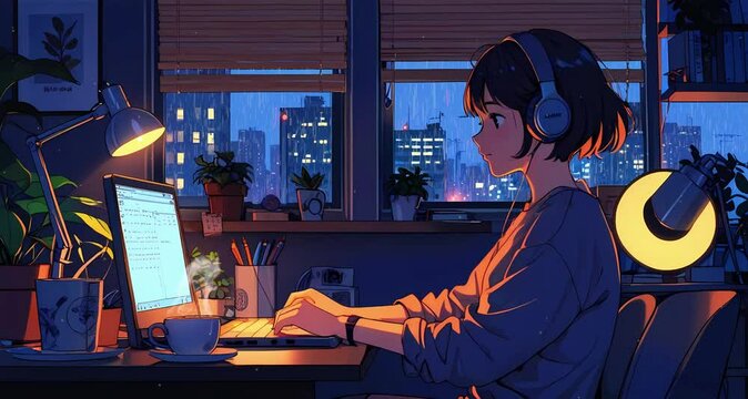 Lofi Girl Typing Animation &ndash; Relaxing Night Study Loop with Cozy Desk