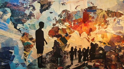 Fototapeta premium Global Travel - World Map with Silhouettes of People Symbolising Migration