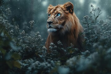 Naklejka premium magic-filled forest enveloped in mist, where a majestic lion roams with an ethereal glow. lush greenery contrasts with the soft fog, creating a mystical ambiance perfect for an enchanting fantasy tale