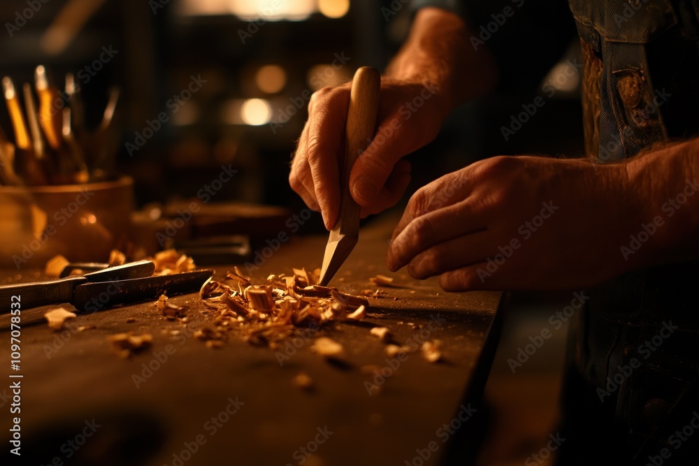 Aufkleber A craftsman carves wood, creating shavings on a workbench in a warm workshop.