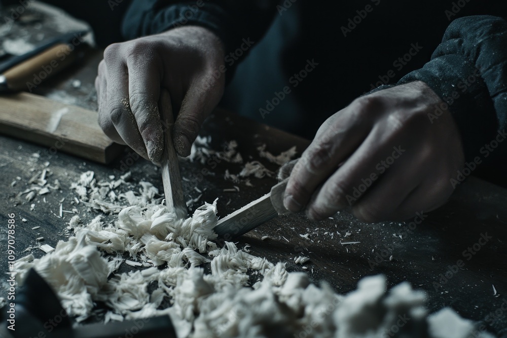 Aufkleber Hands shaping wood with tools, creating shavings on a workbench.