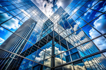 Obraz premium A stunning perspective of a modern glass building reflecting the sky and clouds, showcasing intricate angles and architectural beauty.