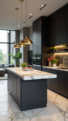 Fototapeta premium Stylish minimalist kitchen with black cabinets and marble countertops