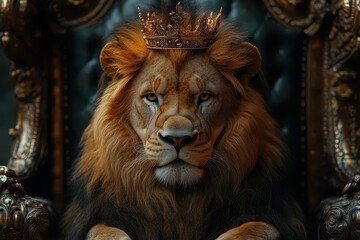 Fototapeta premium majestic lion adorned with a regal crown sits poised on an ornate throne, exuding power and authority, surrounded by rich textures and colors that emphasize its royal presence