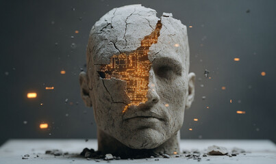 AGI Cracked stone sculpture with luminous circuits