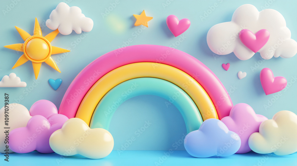 Aufkleber 3d rendering of a cheerful rainbow scene with sun, clouds, hearts, and star creating a positive and joyful atmosphere