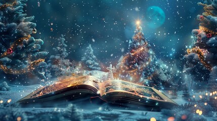 Magical open book glowing with festive lights in a snowy landscape under a starry blue moon