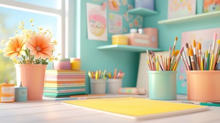 Art studio desk with supplies