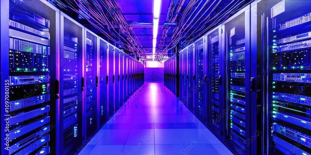 Leinwandbilder A futuristic data center with rows of servers and networking equipment, connected by glowing cables. The lighting is cool, and the atmosphere feels secure and high-tech.