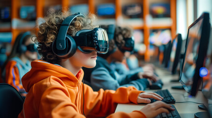 Classroom of School Children Using VR Headsets for an Innovative Lesson on Virtual Reality