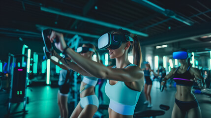 Holographic trainers and VR goggles for fitness people in a futuristic virtual gym workout.