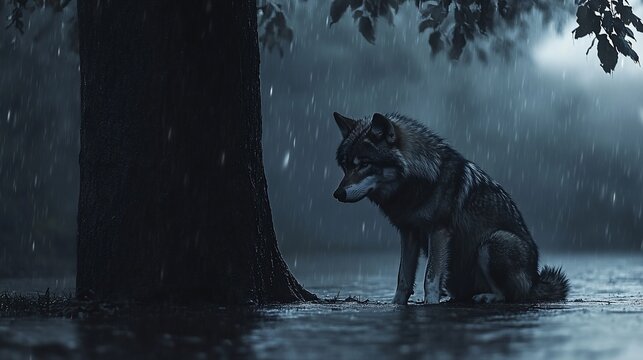Lone wolf sitting under a tree in heavy rain.