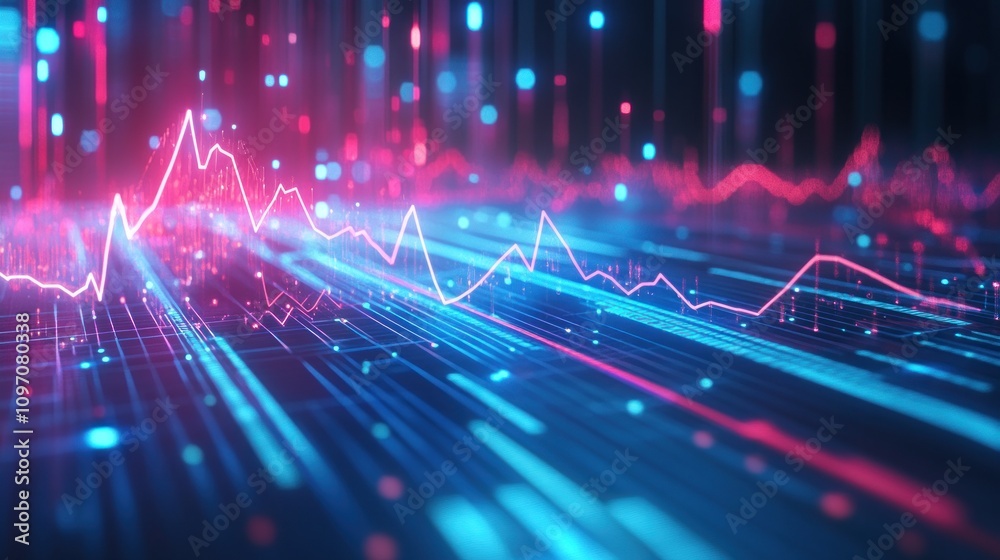 Poster abstract digital visualization of data trends with vibrant blue and pink colors.