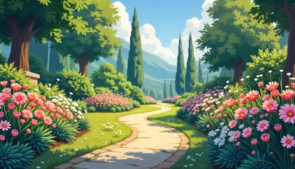 Obraz premium Stone path winds through rich garden. Blooming flowers line walkway. Trees frame scenic landscape. Summer day in idyllic rural setting. Perfect background nature scene for travel brochure website