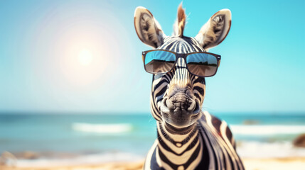Obraz premium Exotic Beach Scene Featuring a Zebra with Fun Sunglasses and Tropical Backgrounds