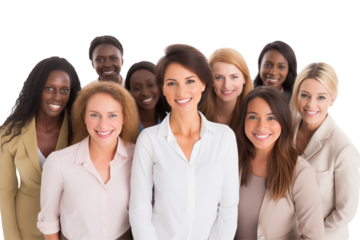 Group of smiling interracial businesswomen in suits on transparent background. Group of businesswomen attract each other. Rich women. Business leader. Startup boss. Isolated image. PNG cutout.