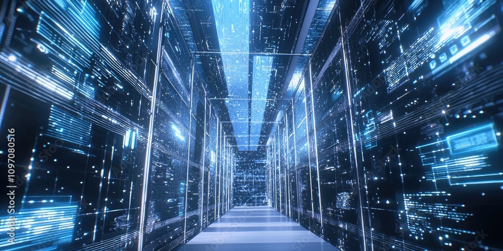 Aufkleber A graphic of interconnected cloud-based systems representing digital transformation in business, with a focus on smart technology and data exchange.