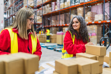 Senior Female warehouse workers organizing cardboard boxes on assembly line