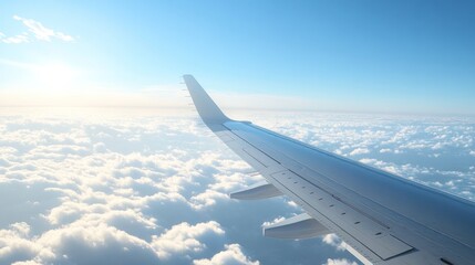 Obraz premium Aerial view from an airplane wing above fluffy clouds with a bright sky in the background.