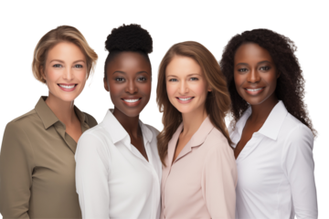 Group of smiling interracial businesswomen in suits on transparent background. Group of businesswomen attract each other. Rich women. Business leader. Startup boss. Isolated image. PNG cutout.