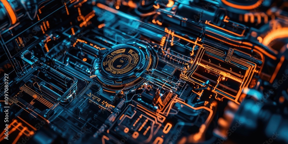 Poster A close-up of a smart machine with digital controls and circuits, symbolizing the integration of advanced technology and automation systems in modern manufacturing.