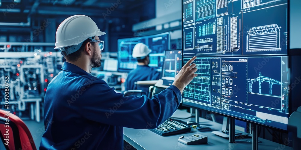 Poster A high-tech control room with engineers managing automated systems that control energy production, illustrating the future of smart grid technology and industrial automat