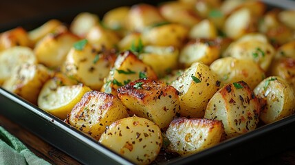 Golden roasted potatoes with herbs and seasoning on a tray