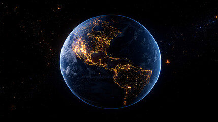 Fototapeta premium Nighttime view of illuminated north and south america from rotating planet earth in space