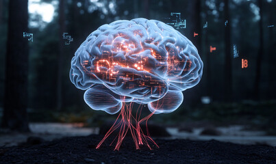 Fototapeta premium AGI Brain embedded in a forest with glowing elements