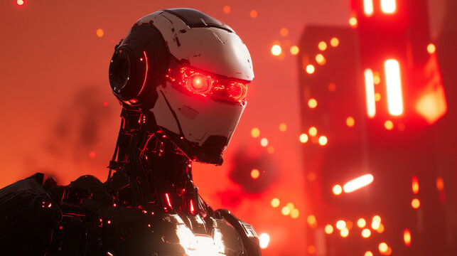 Killer robots, controlled by a rogue AI, are attacking.  A terrifying robot, with glowing red eyes, begins the destruction of humanity.
