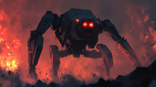 Killer robots, controlled by a rogue AI, are attacking.  A terrifying robot, with glowing red eyes, begins the destruction of humanity.