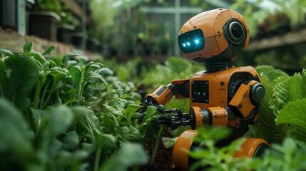 Futuristic Robot Farmer in a Greenhouse Touching Organic Tomatoes