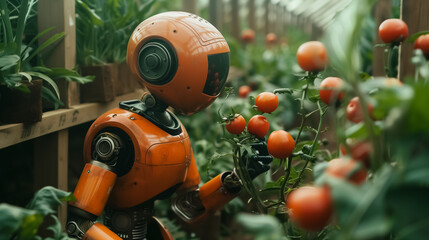 Urban Greenhouse with Robot Farmer Touching Fresh Tomatoes