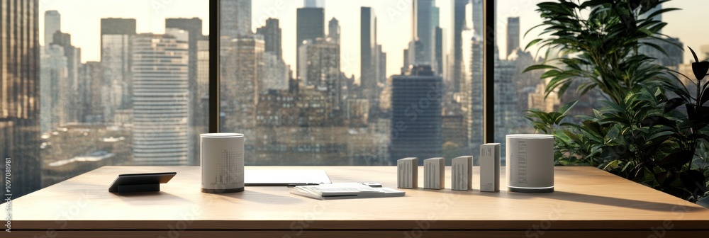 Poster a modern workspace with smart devices and a cityscape view.