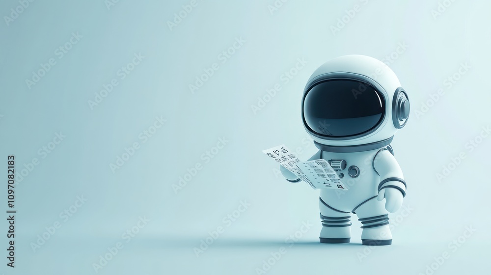 Poster a small astronaut figure holding papers in a minimalistic setting.