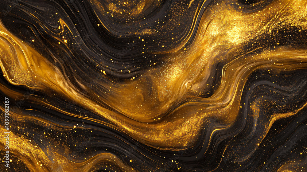 Aufkleber luxurious fluid art painting with golden swirls and glitter, creating a mesmerizing abstract backgro