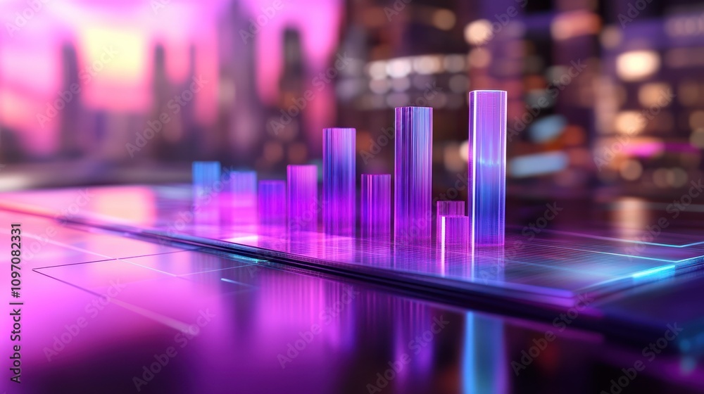 Aufkleber a vibrant 3d bar graph against a futuristic cityscape background, illustrating data visualization.