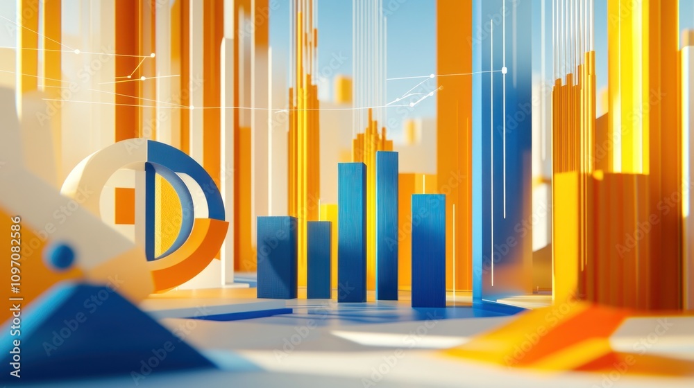 Poster abstract digital landscape featuring geometric shapes in vibrant colors, symbolizing data visualizat