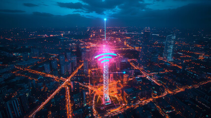 Obraz premium A city's 5G tower provides fast wireless internet. It uses mobile network technology and connects to satellites for a strong signal.