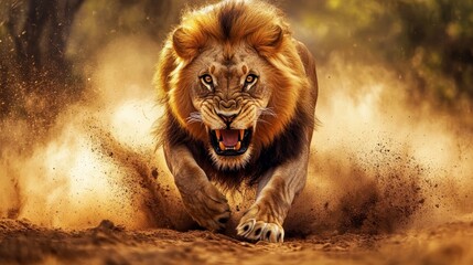 Naklejka premium Majestic African Lion Charging Through Dust
