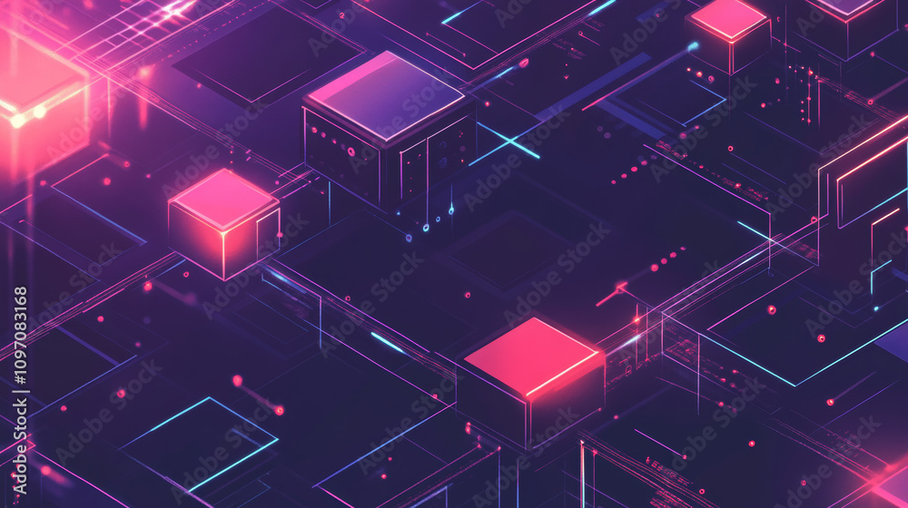 Poster a picture shows interconnected digital blocks forming a chain, representing the blockchain. it uses 
